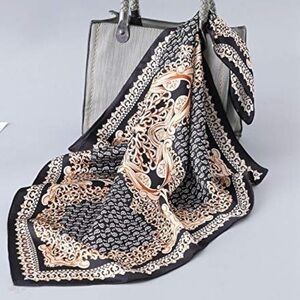 100% Mulberry Silk Elegant Black and Gold Scarf 21” NWT